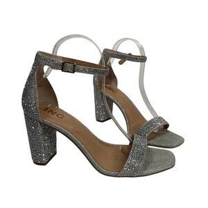 INC Lexini Silver Rhinestone Block Heel Sandals 8.5M Formal Glam Fairy Party